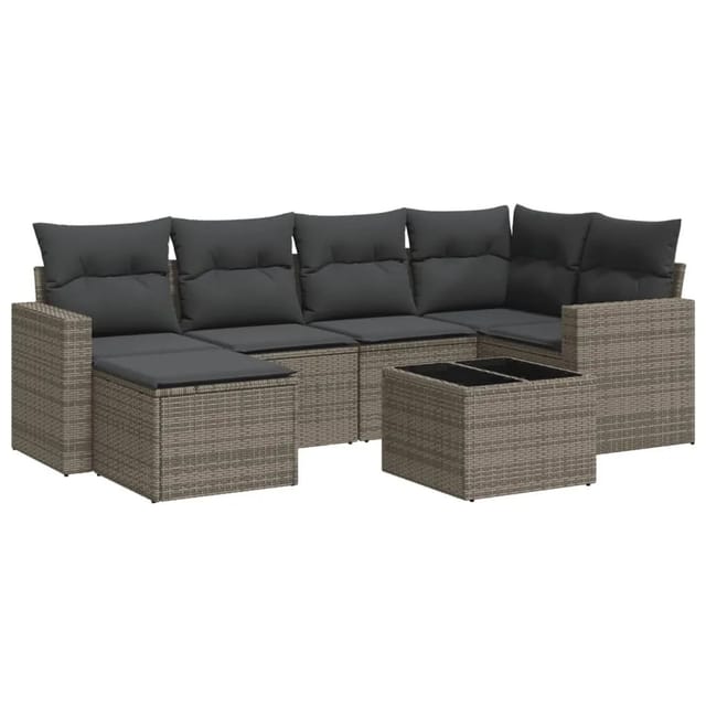vidaXL 7-Tlg Garten-Sofagarnitur mit Kissen Grau Poly Rattan 3251607