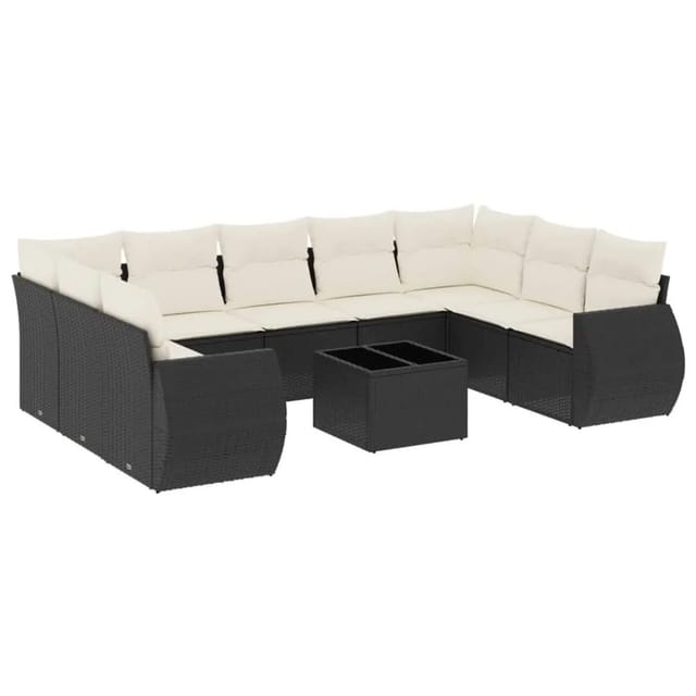vidaXL 10-Tlg Garten-Sofagarnitur mit Kissen Schwarz Poly Rattan 3221805