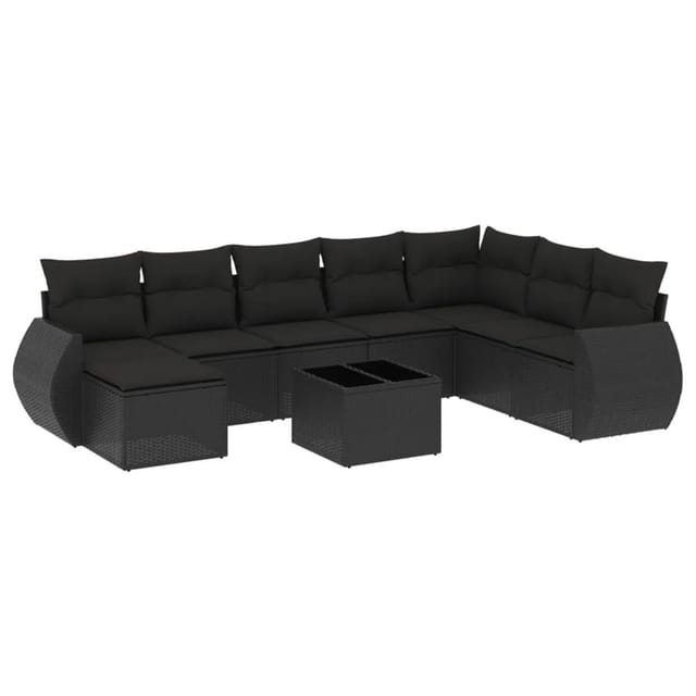 vidaXL 9-Tlg Garten-Sofagarnitur mit Kissen Schwarz Poly Rattan 3221764
