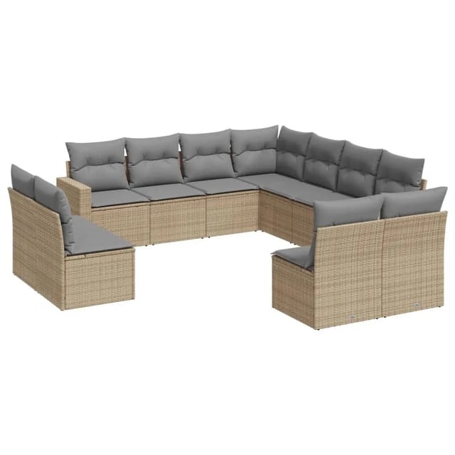 vidaXL 11-Tlg Garten-Sofagarnitur mit Kissen Beige Poly Rattan 3251466