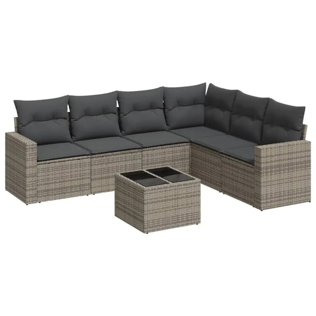 vidaXL 7-Tlg Garten-Sofagarnitur mit Kissen Grau Poly Rattan 3251357