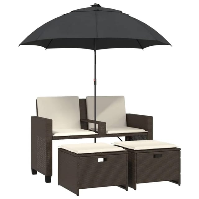 vidaXL Gartensofa 2-Sitzer Sonnenschirm und Hocker Braun Poly Rattan 365884