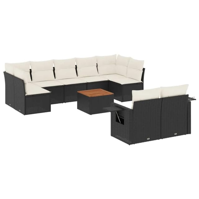 vidaXL 10-Tlg Garten-Sofagarnitur mit Kissen Schwarz Poly Rattan 3224712