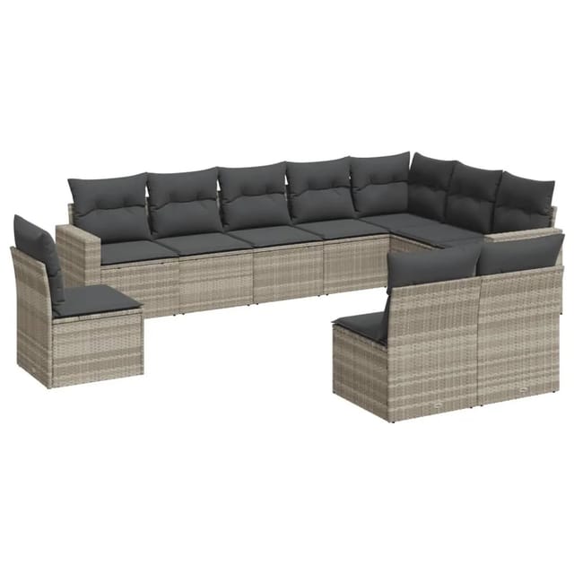 vidaXL 10-Tlg Garten-Sofagarnitur mit Kissen Hellgrau Poly Rattan 3251449