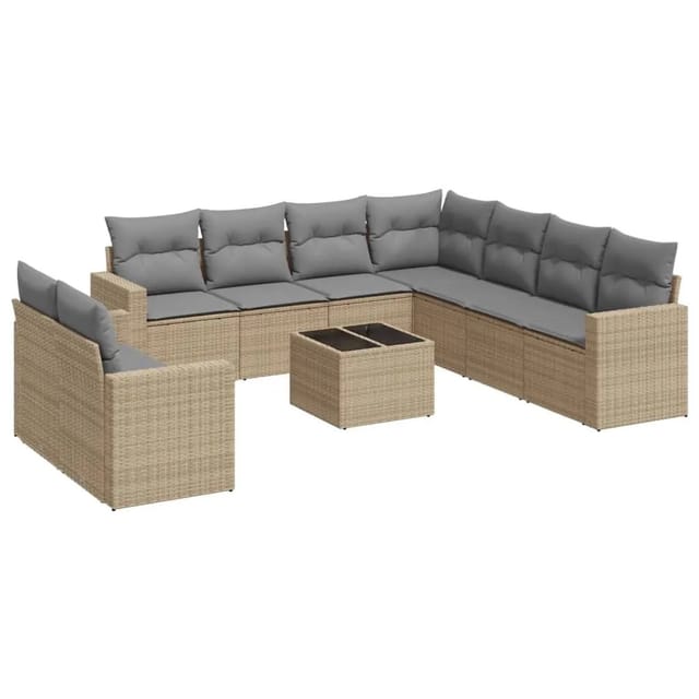 vidaXL 10-Tlg Garten-Sofagarnitur mit Kissen Beige Poly Rattan 3251496