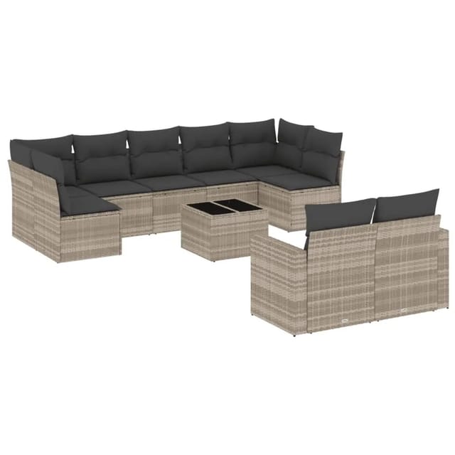 vidaXL 10-Tlg Garten-Sofagarnitur mit Kissen Hellgrau Poly Rattan 3251769