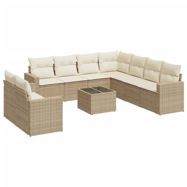 vidaXL 10-Tlg Garten-Sofagarnitur mit Kissen Beige Poly Rattan 3251495