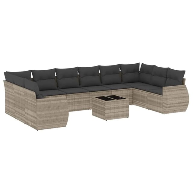 vidaXL 11-Tlg Garten-Sofagarnitur mit Kissen Hellgrau Poly Rattan 3221881