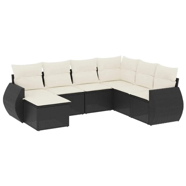 vidaXL 7-Tlg Garten-Sofagarnitur mit Kissen Schwarz Poly Rattan 3221695