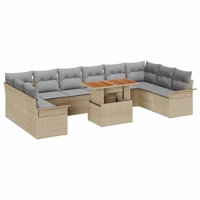 vidaXL Gartensofa-Set mit Kissen 11 Stk Beige und Hellgrau Poly-Rattan 3349384