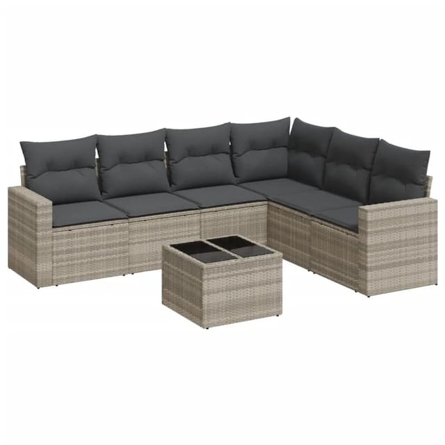 vidaXL 7-Tlg Garten-Sofagarnitur mit Kissen Hellgrau Poly Rattan 3251359