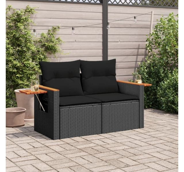 vidaXL Gartensofa mit Kissen 2-Sitzer Schwarz Poly Rattan 365978
