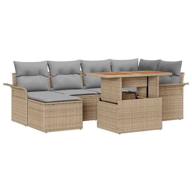 vidaXL Gartensofa-Set mit Kissen 7 Stk Beige und Hellgrau Poly-Rattan 3349356