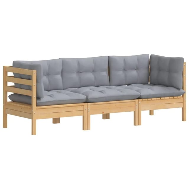 vidaXL 3-Sitzer-Gartensofa mit Grauen Kissen Massivholz Kiefer 3096099
