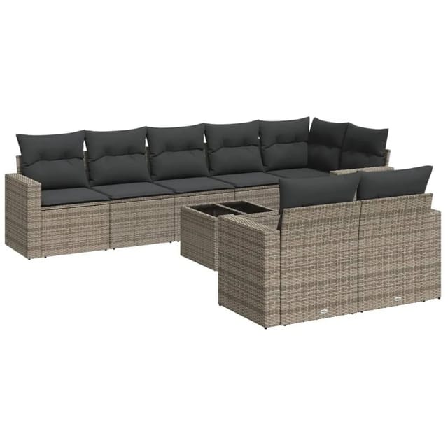 vidaXL 9-Tlg Garten-Sofagarnitur mit Kissen Grau Poly Rattan 3251567