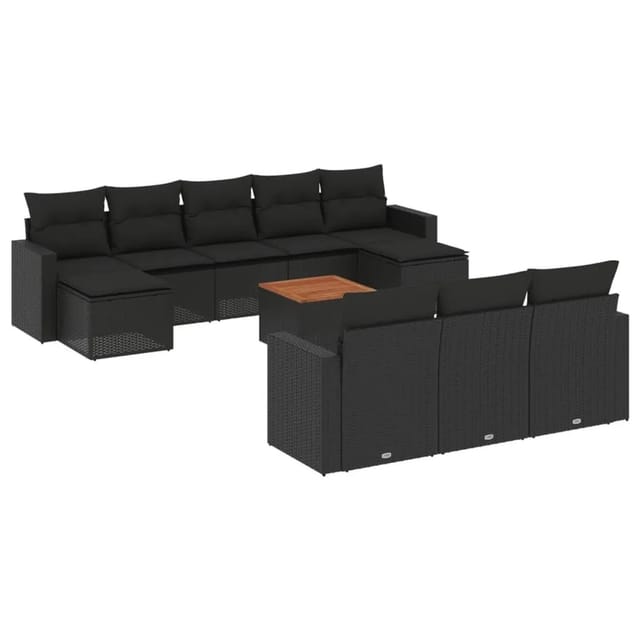 vidaXL 11-Tlg Garten-Sofagarnitur mit Kissen Schwarz Poly Rattan 3224340
