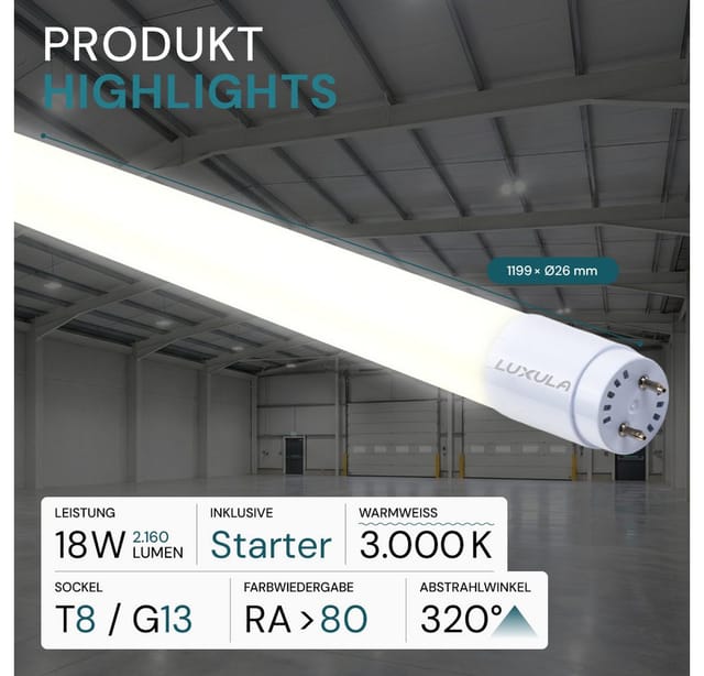 LUXULA LED T8 Röhre 120cm 18W 2160lm 3000K Warmweiß Leuchtstoffröhre inkl. Starter/Brücke Nano-Kunststoff Flickerfrei IP20