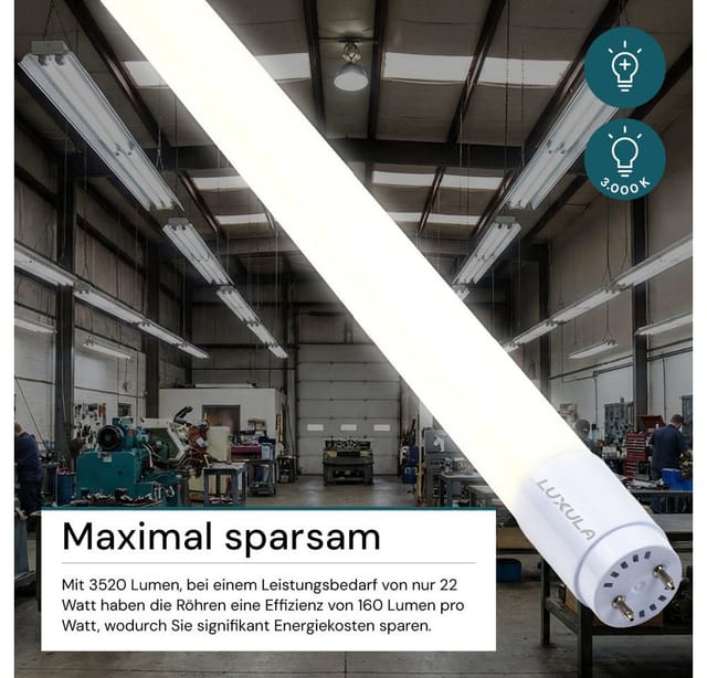 LUXULA Profi LED T8 Röhre 150cm 22W 3520lm Warmweiß 3000K 160lm/W Hoch-Effizient Leuchtstoffröhre inkl. Starter Nano-Kunststoff