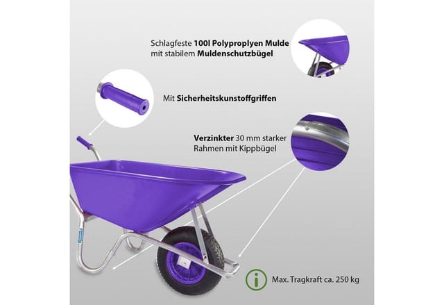 TRUTZHOLM Schubkarre 100 L Verstärkter Rahmen 250 kg Traglast Schutzbügel