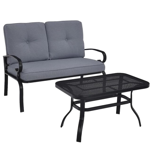 Costway 2-Sitzer Gartenbank mit Couchtisch & Kissen Balkonmöbel-Set