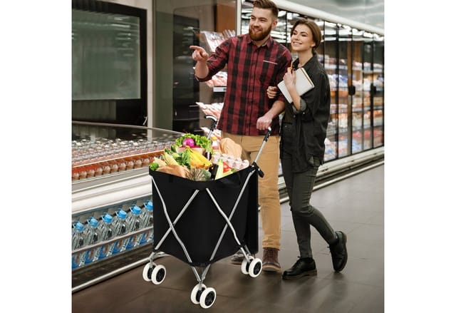 Costway Faltbarer Einkaufstrolley 90 L 55 kg mit Oxford-Tasche Schwarz