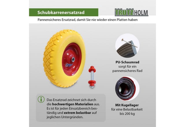 TRUTZHOLM Schubkarrenrad Pannensicher 4.00-8 4.80 mit Achse Vollgummi