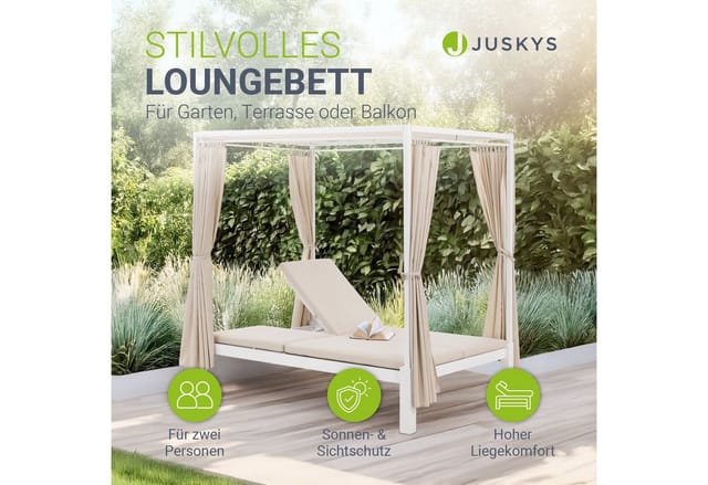 Juskys Doppel Loungebett Kreta mit Verstellbarer Rückenlehne & Dach Weiß Beige