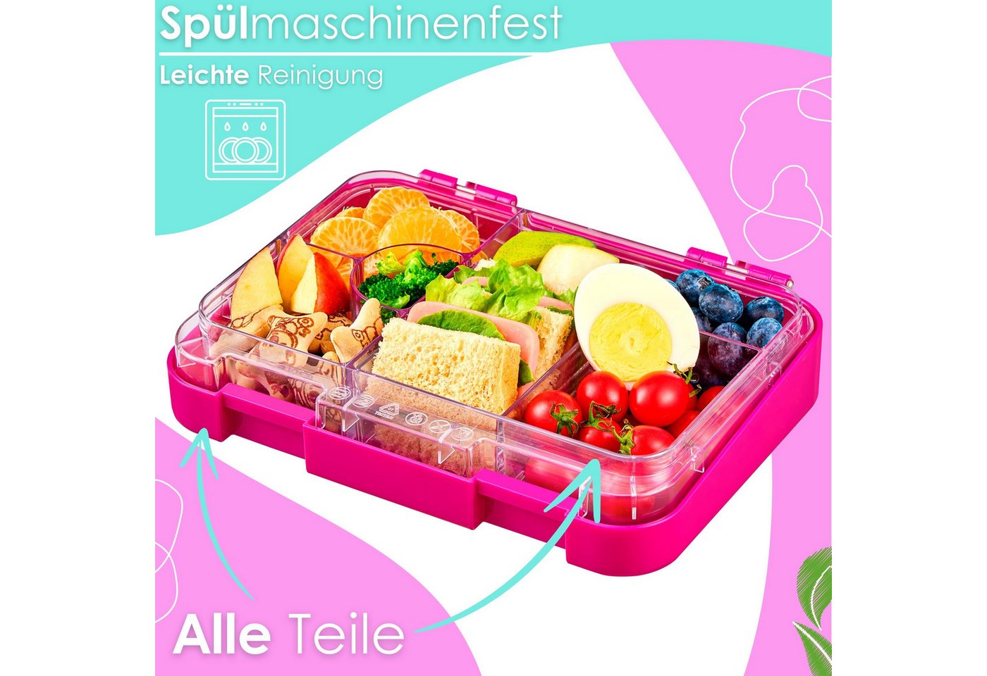 Ecosa EO-8172 Snackbox Brotdose mit 6 Fächern BPA-Frei Pink Bild 2