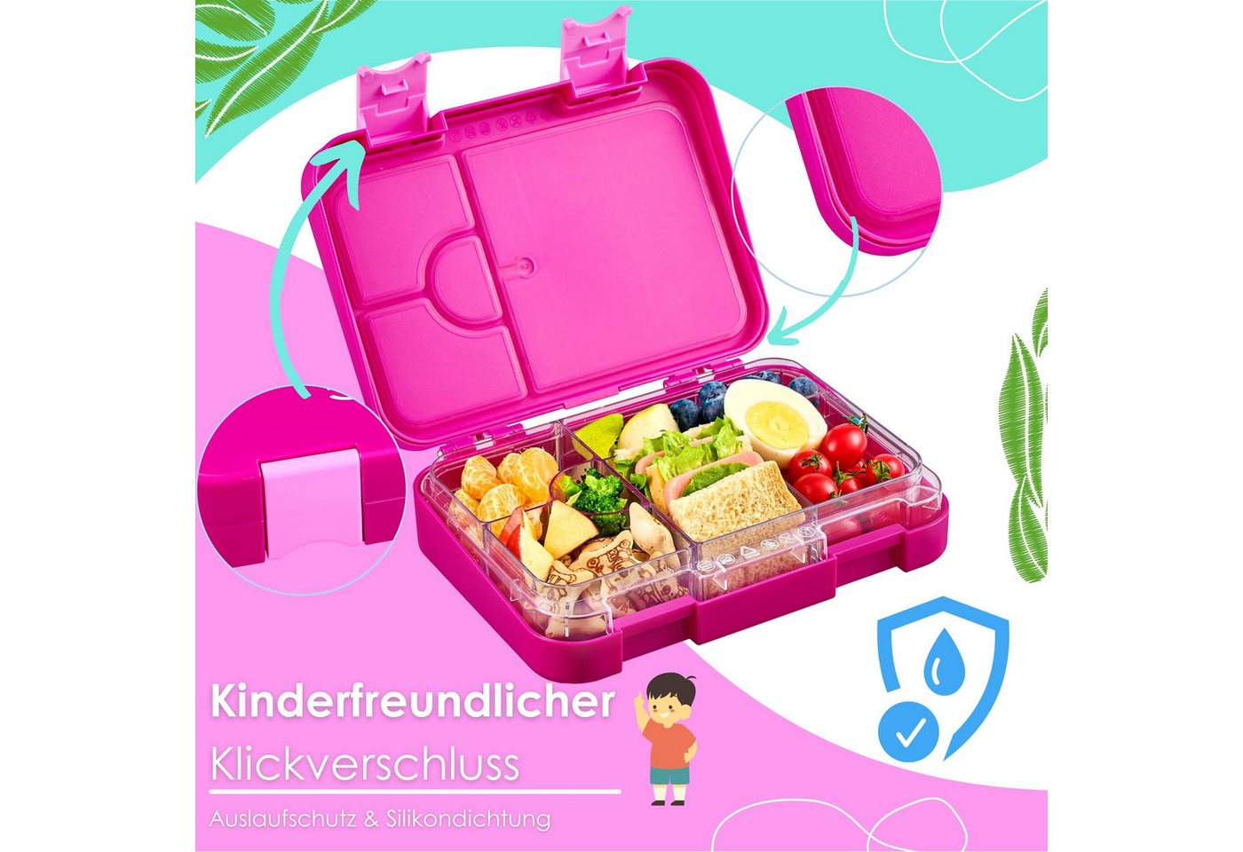 Ecosa EO-8172 Snackbox Brotdose mit 6 Fächern BPA-Frei Pink Bild 5
