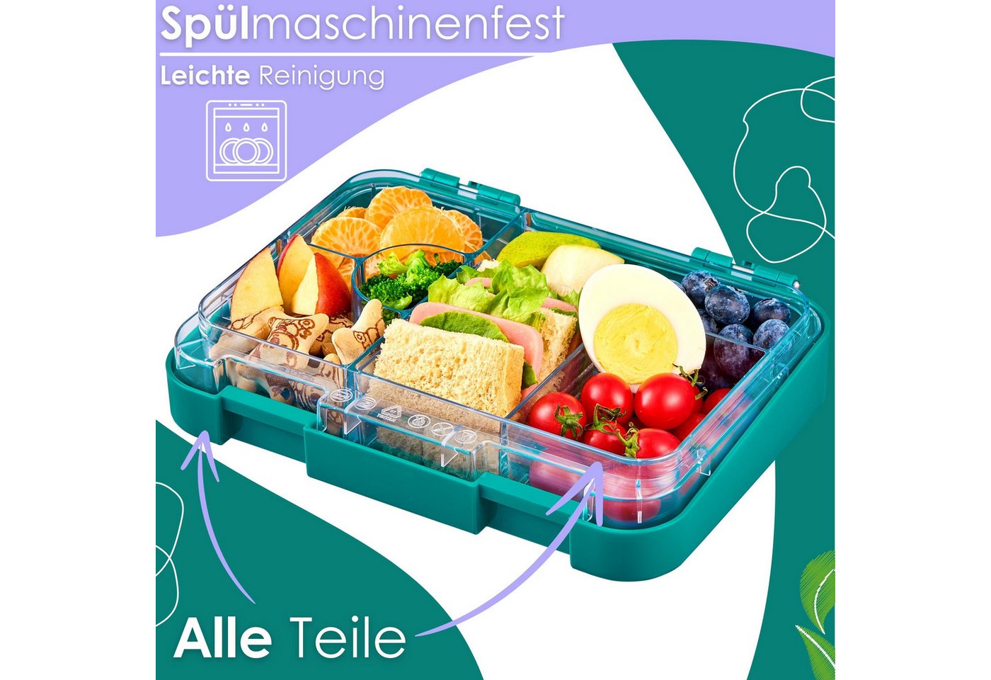 Ecosa EO-8173 Snackbox Brotdose mit 6 Fächern BPA-Frei Petrol Bild 3