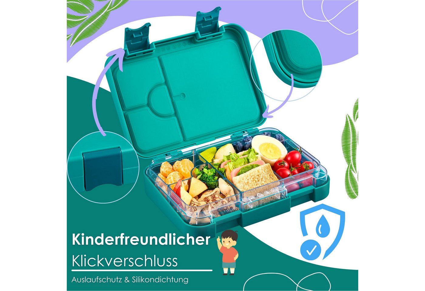Ecosa EO-8173 Snackbox Brotdose mit 6 Fächern BPA-Frei Petrol Bild 5
