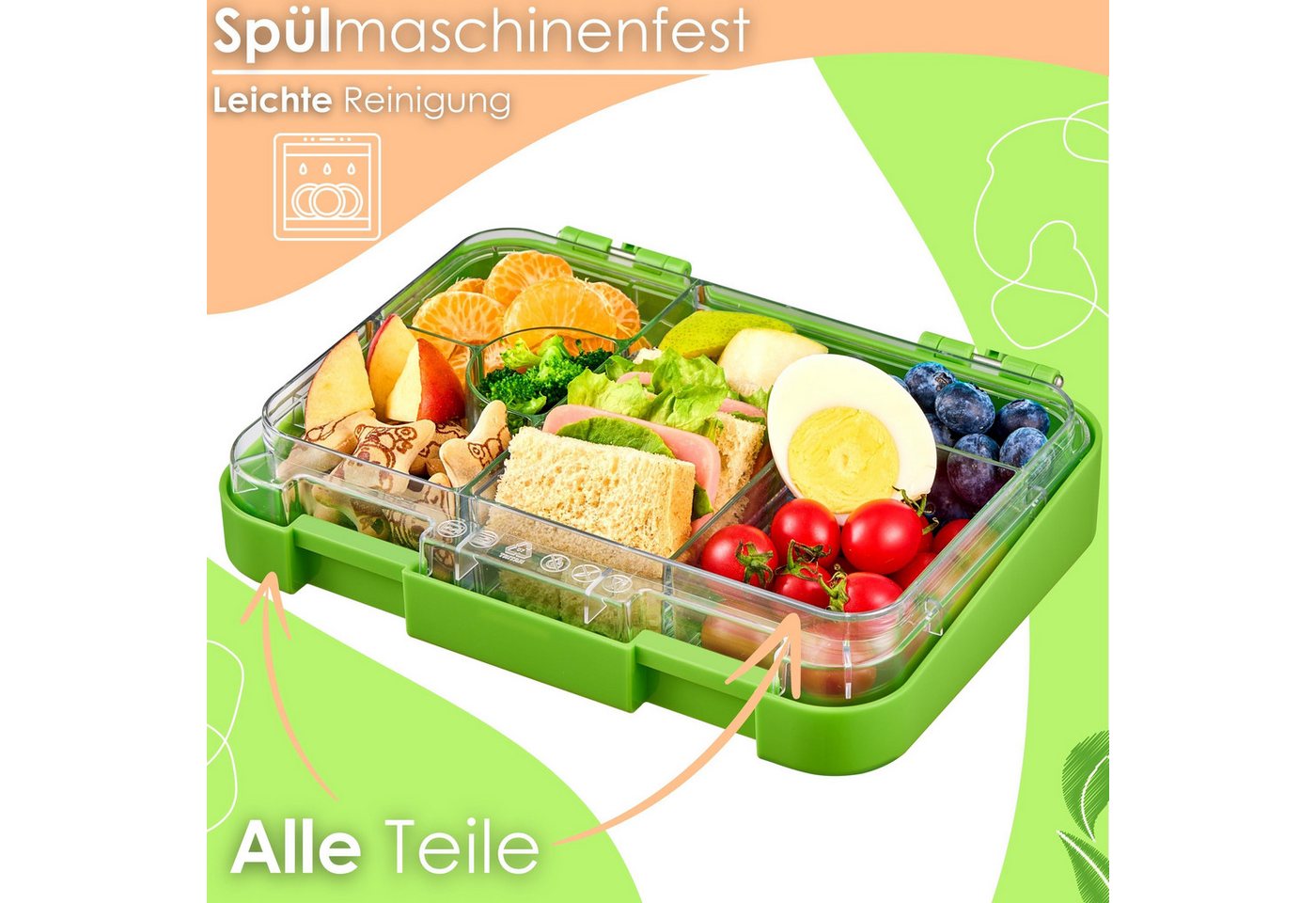 Ecosa EO-8171 Snackbox Brotdose mit 6 Fächern BPA-Frei Grün Bild 3