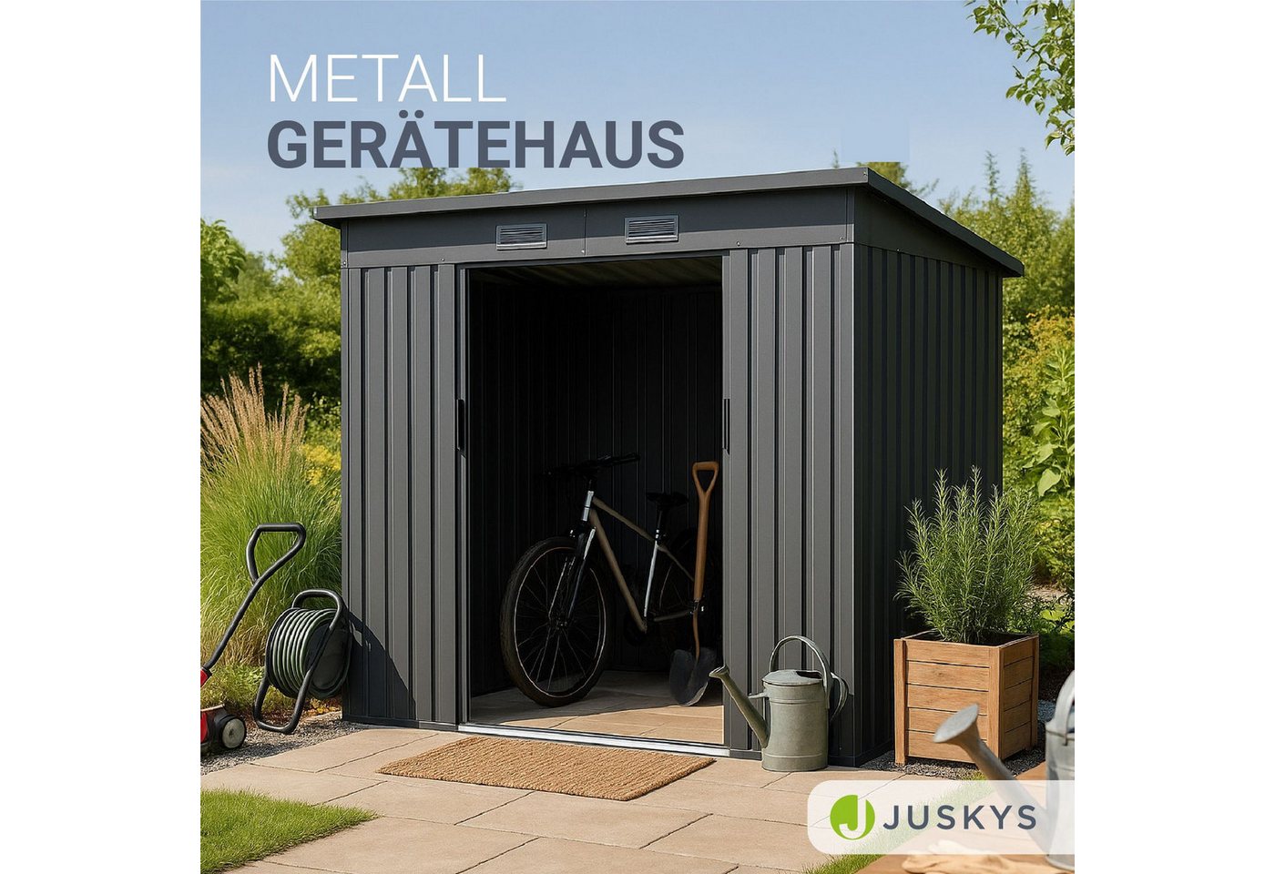 Juskys Metall Geräteschuppen Gerätehaus M mit Pultdach in Dunkelgrau Bild 2