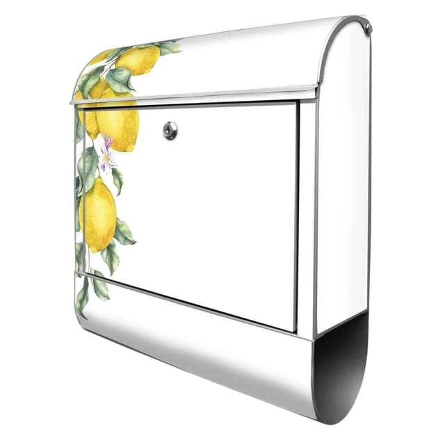 Banjado Design Briefkasten Silber Pulverbeschichtet 39x47x14cm 2 Schlüssel Mit Zeitungsfach Motiv Zitronenzweig Aquarell
