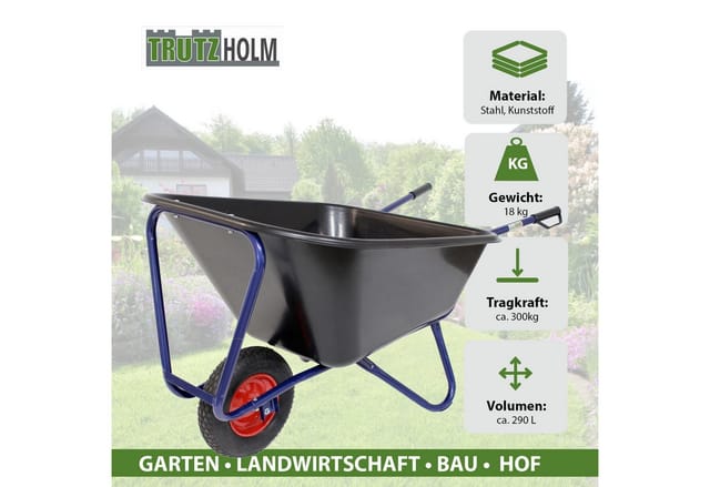 TRUTZHOLM 1 Rad Schubkarre XXL 290L 300kg Luftrad Metallfelge Kunststoffmulde Schwarz
