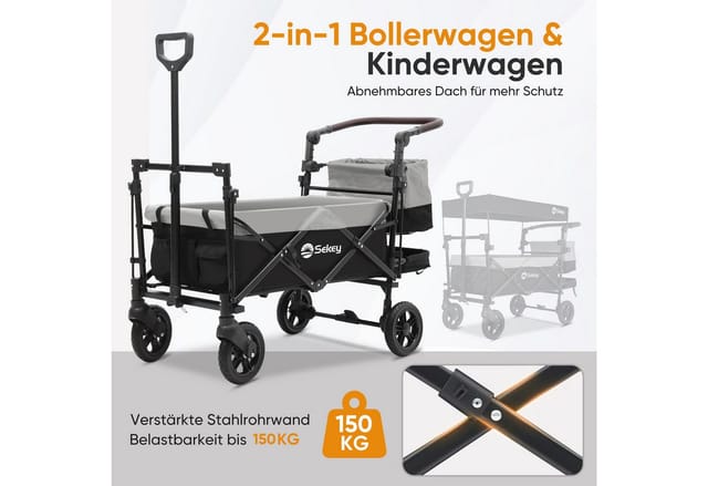 Sekey Bollerwagen Faltbar mit Dach 2 Kinder 100KG Grau mit Schwarz