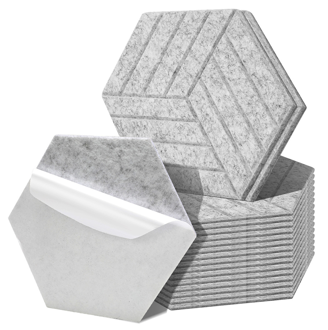 Randaco Paneles Acústicos Pared Autoadhesivos, Pack De 18 De Fieltro, Lado 15 Cm, Grosor 0,9 Cm Gris, Hexagonales A Rayas