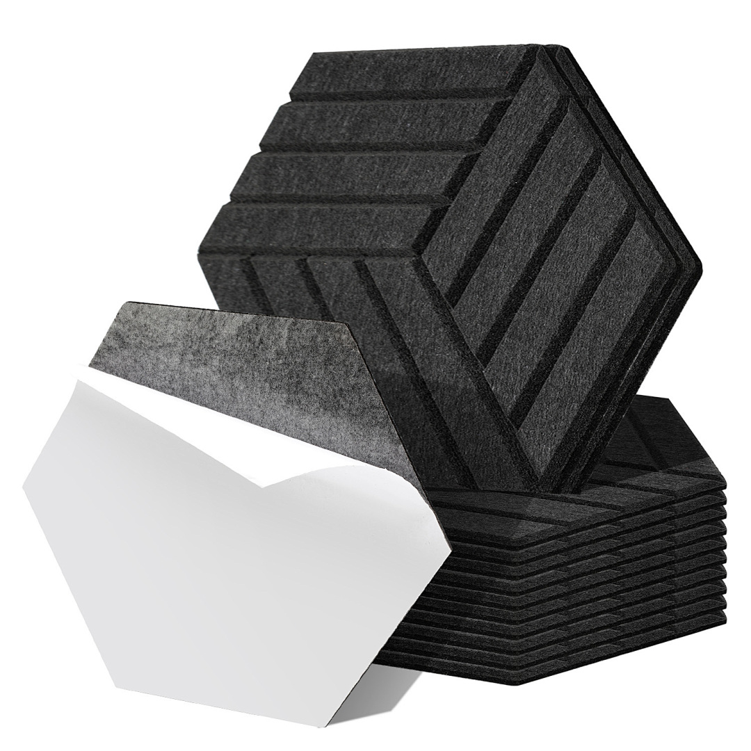 Randaco Paneles Acústicos Pared Autoadhesivos, Pack De 12 De Fieltro, Lado 15 Cm, Grosor 0,9 Cm Negro, Hexagonales A Rayas