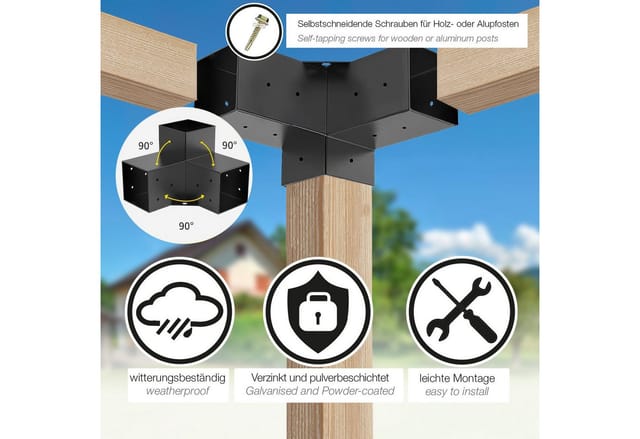 SOTECH Eckverbinder 90 x 90 mm 3-Wege-Verbinder Vierkant Stahl Verzinkt Schwarz Pulverbeschichtet für Höchsten Korrosionsschutz