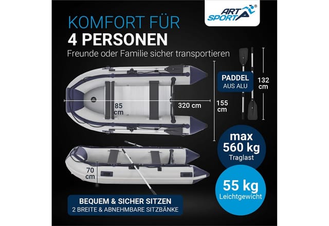 ArtSport Schlauchboot Paddelboot Grau mit Aluboden und Zwei Sitzbänken 3,20m