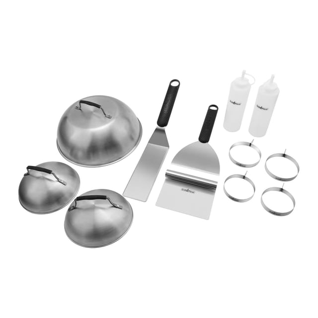 Grillfürst Plancha Set 12 Teilig Wender Spachtel Schaber Burgerglocken Bratringe Squeezeflaschen