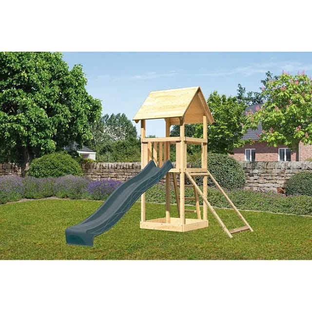 Karibu Spielturm Lotti mit Rutsche u. Netzrampe Natur-Anthrazit