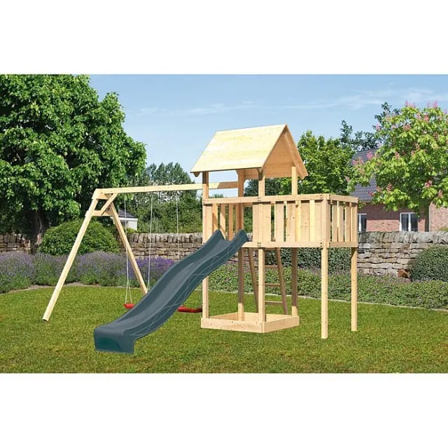 Karibu Spielturm Lotti mit Rutsche Doppelschaukel u. Plattform Natur-Anthrazit