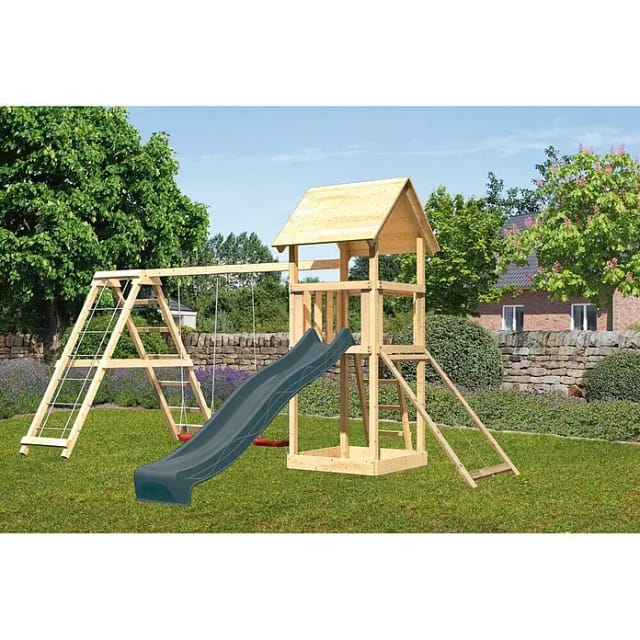 Karibu Spielturm Lotti mit Rutsche Schaukelanbau Gerüst u. Rampe Natur-Anthrazit