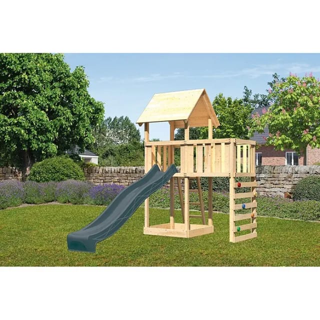 Karibu Spielturm Lotti mit Rutsche Plattform u. Kletterwand Natur-Anthrazit