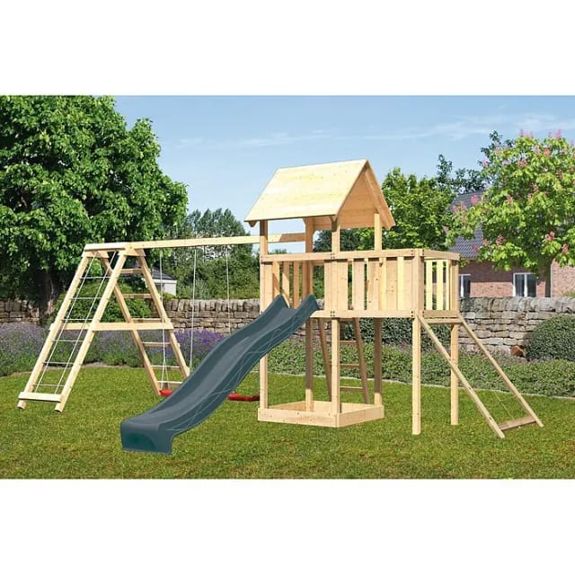 Karibu Spielturm Lotti mit Rutsche Schaukel Gerüst Plattform u. Rampe