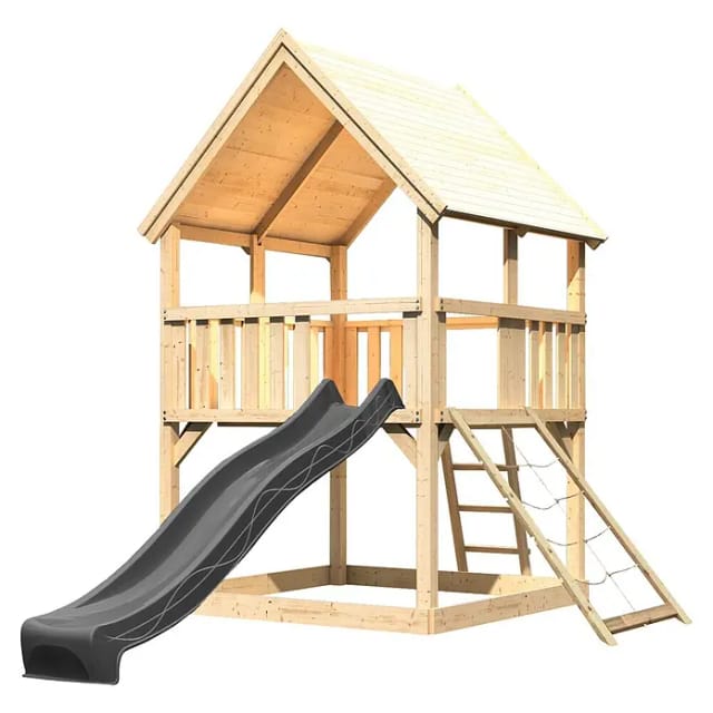 Karibu Spielturm Luis mit Rutsche u. Netzrampe Natur-Anthrazit
