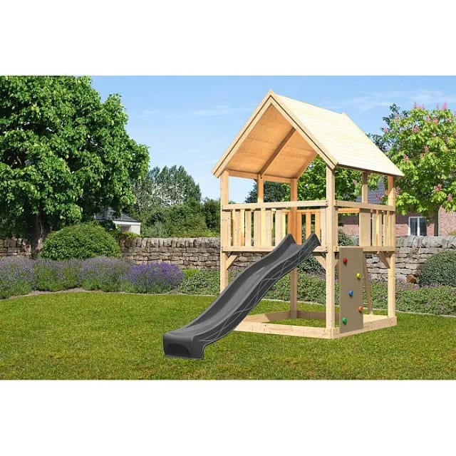 Karibu Spielturm Luis mit Rutsche u. Kletterwand Natur-Anthrazit