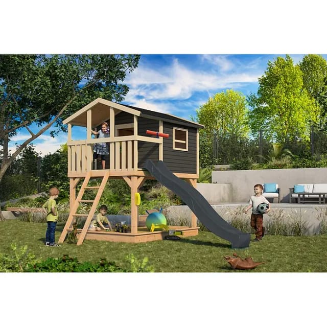Karibu Stelzenhaus Benjamin mit Rutsche Natur-Grau