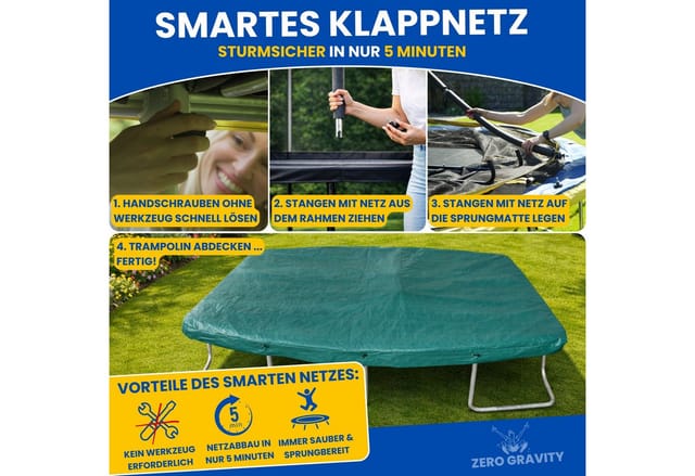 Zero Gravity Trampolin Outdoor 366x244cm TÜV GS Smartes Klappnetz mit Leiter und Bodenanker